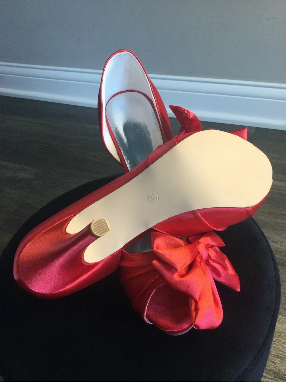 Satin Bow Peep-Toe Heels in Red